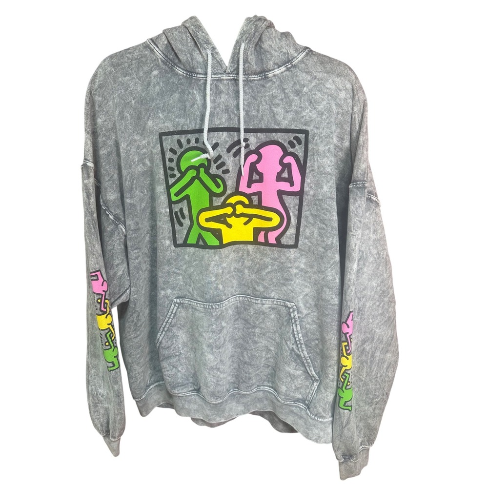 RSQ Keith Haring Acid Wash Grey Hoodie Neon Pop Art Graphic Mens Large